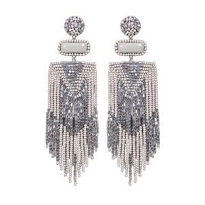 Deepa Gurnani Jody Beaded Chandelier Fringe Earrings Light Gray Silver OS